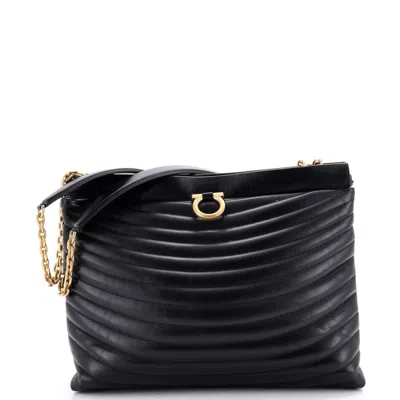 Ferragamo Gancini Drawstring Chain Tote Quilted Leather Medium In Black