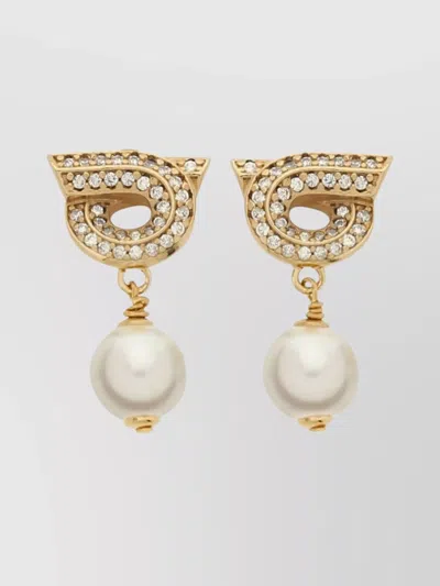 Ferragamo Crystal Embellished Gancini Pearl Drop Earrings In Gold