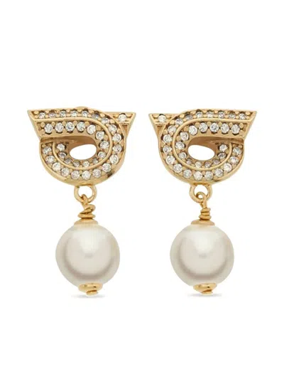 Ferragamo Crystal Embellished Gancini Pearl Drop Earrings In Gold