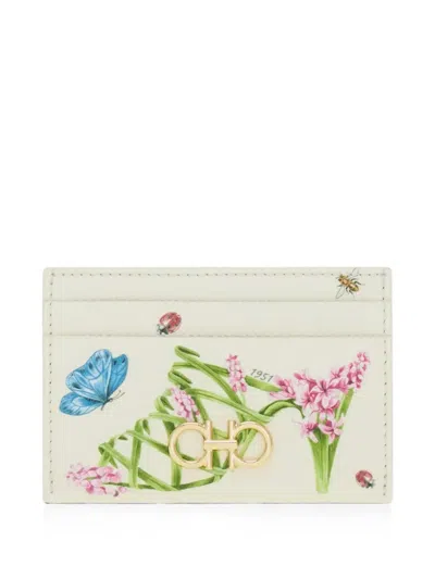 Ferragamo Gancini Card Holder With Floral Print In White
