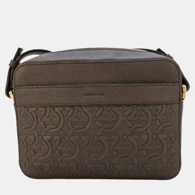 Pre-owned Ferragamo Gancini Embossed Black Leather Crossbody Bag
