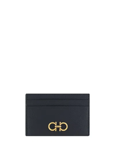Ferragamo Gancini Embossed Calf Leather Card Case In Black