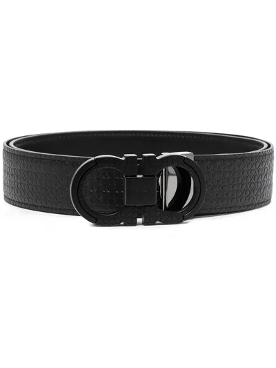 Ferragamo Gancini Embossed Leather Belt In Black