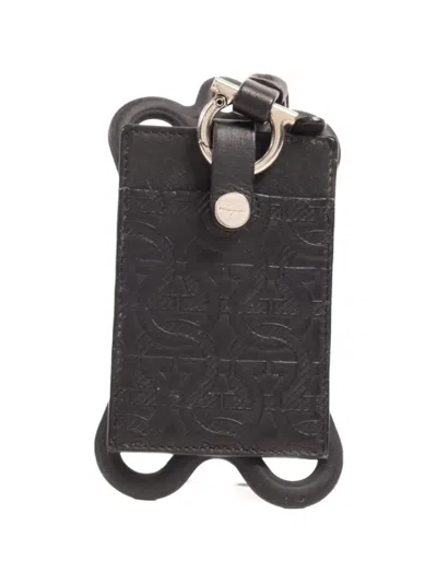 Pre-owned Ferragamo Gancini Embossed Leather Card Case In Black