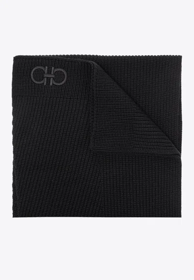 Ferragamo Gancini Embroidered Wool Scarf In Black