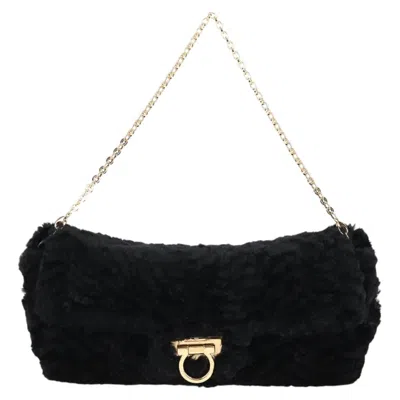 Pre-owned Ferragamo Gancini Faux Fur Shoulder Bag () In Black