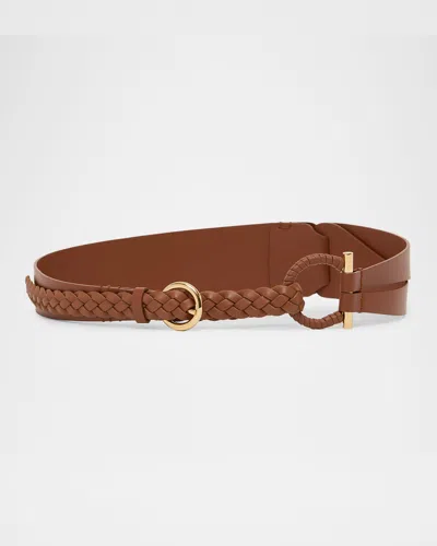 Ferragamo Gancini Fixed Braided Leather Belt In Brown