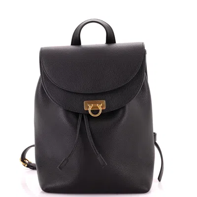Ferragamo Gancini Flap Drawstring Backpack Leather Medium In Black
