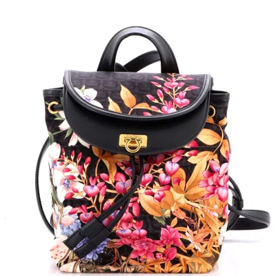 Ferragamo Gancini Flap Drawstring Backpack Printed Gancini Nylon And Leather Mini In Multi
