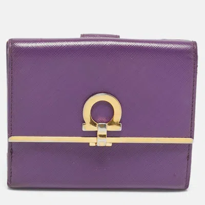 Ferragamo Gancini Flap Purple Leather French Wallet