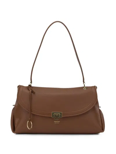 Ferragamo Medium Gancini Grained Leather Shoulder Bag In Brown