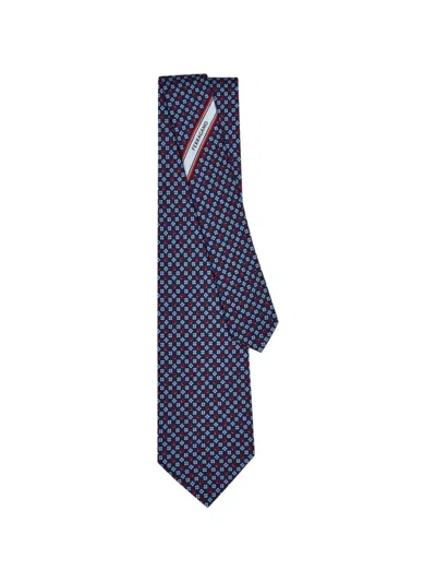 Ferragamo Gancini Flower Print Silk Tie In Blue