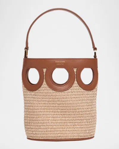 Ferragamo Gancini Frame Raffia Bucket Bag In Brown