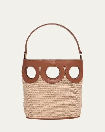 Ferragamo Gancini Frame Raffia Bucket Bag In Beige