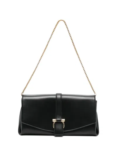 Pre-owned Ferragamo Gancini Front-flap Shoulder Bag In Black
