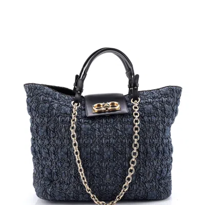Ferragamo Gancini Galore Chain Tote Quilted Denim Medium In Blue