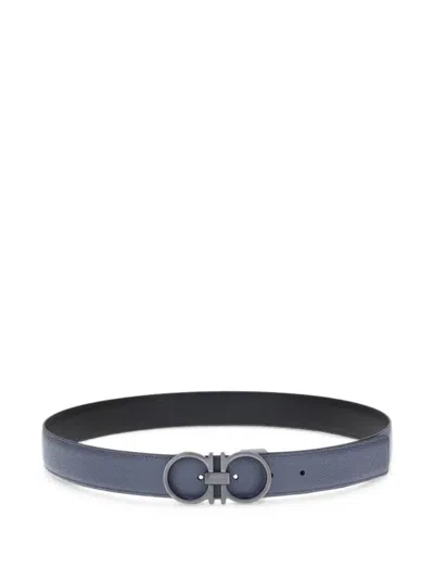 Ferragamo Gancini Grained Leather Belt In Blue