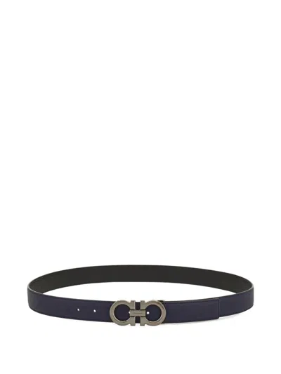 Ferragamo Gancini Grained Leather Reversible Belt In Blue