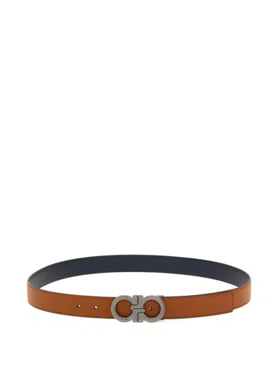 Ferragamo Gancini Grained Leather Reversible Belt In Brown