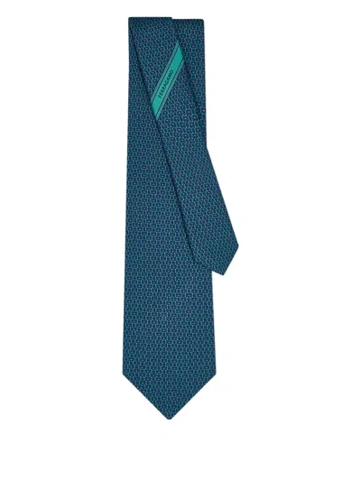 Ferragamo Gancini Graphic Silk Tie In Blue