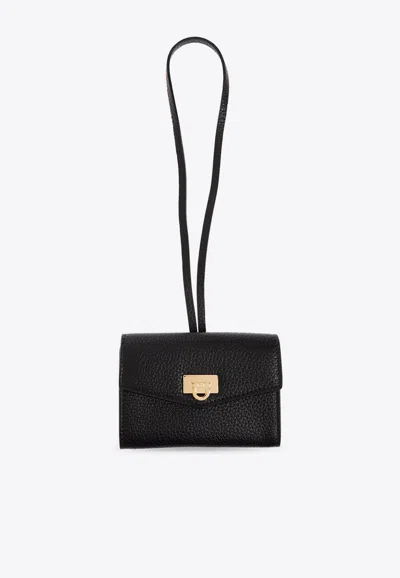 Ferragamo Gancini Hammered Leather Cardholder Bag Charm In Black