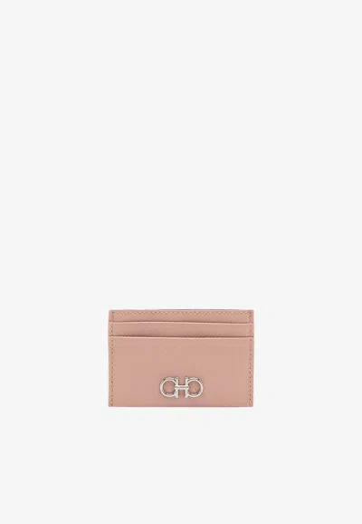 Ferragamo Gancini Hammered Leather Cardholder In Pink