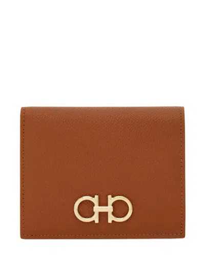 Ferragamo Gancini Hammered Leather Compact Wallet In Brown