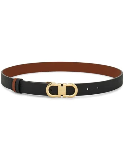 Ferragamo Gancini Hammered Leather Reversible Belt In Black