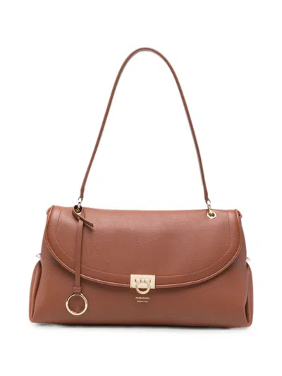 Ferragamo Gancini Hammered Leather Tote Bag In Brown