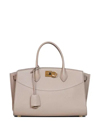 Ferragamo Gancini Hammered Leather Tote Bag In Neutral