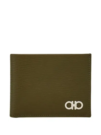 Ferragamo Gancini Hammered Leather Wallet In Green