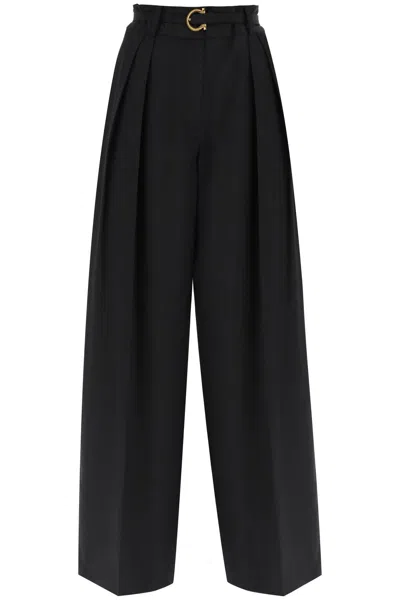 Ferragamo Gancini Hook Belt Silk Trousers For Women In Black