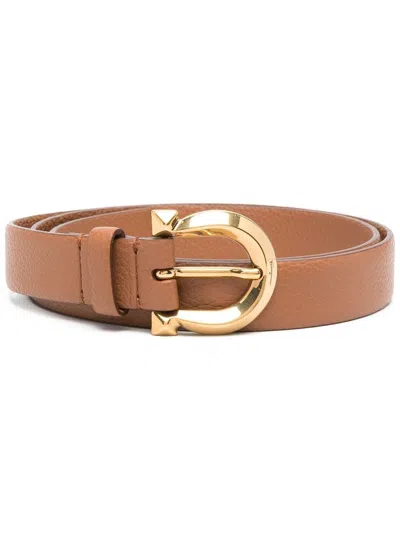 Ferragamo Gancini Hook Leather Belt In Leather Brown