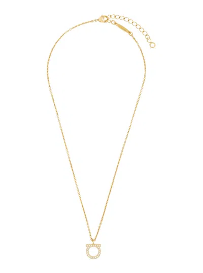 Ferragamo Gancini Hook Pendant Necklace With Rhinestone Details In Brass In Orange