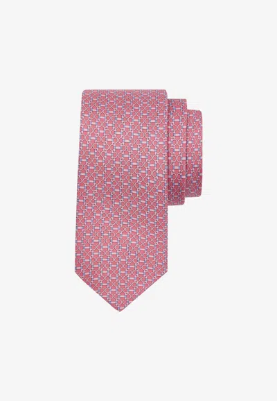 Ferragamo Gancini Horsebit Print Silk Tie In Pink