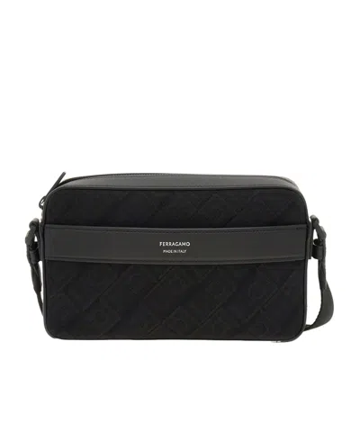 Ferragamo Gancini-jacquard Leather Messenger Bag In Black