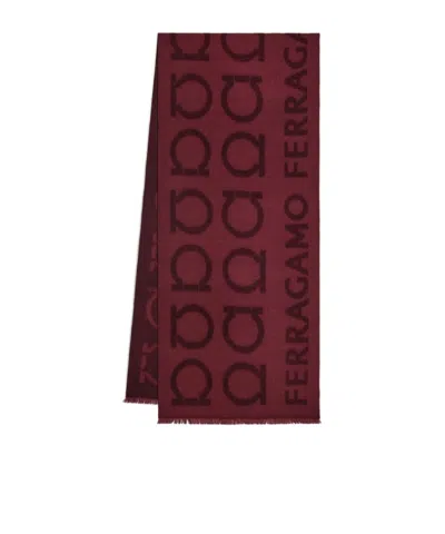 Ferragamo Gancini Wool And Silk Jacquard Scarf In Burgundy