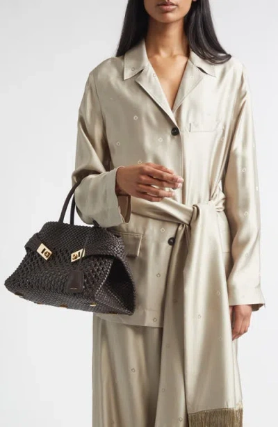 Ferragamo Gancini Jacquard Silk Jacket With Fringe Sash In Brown