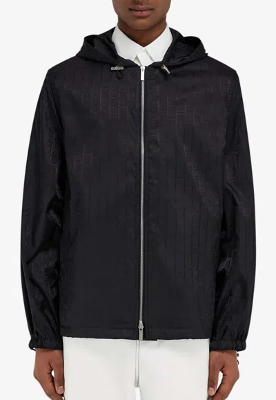 Ferragamo Gancini Jacquard Zip-up Rain Jacket In Black