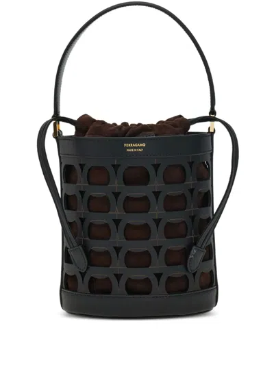 Ferragamo Gancini Laser-cut Bucket Bag In Black