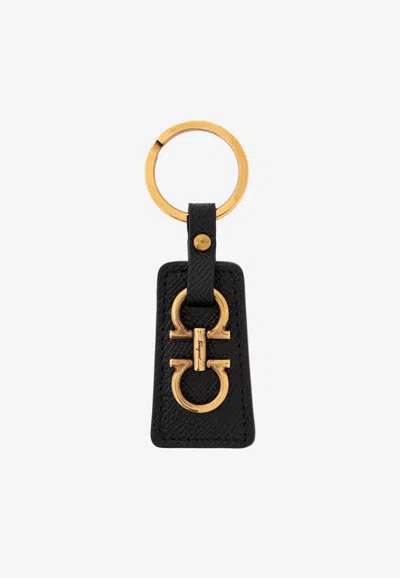 Ferragamo Gancini Leather And Brass Key Chain In Black