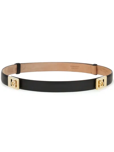 Ferragamo Double Gancini Leather Belt In Black