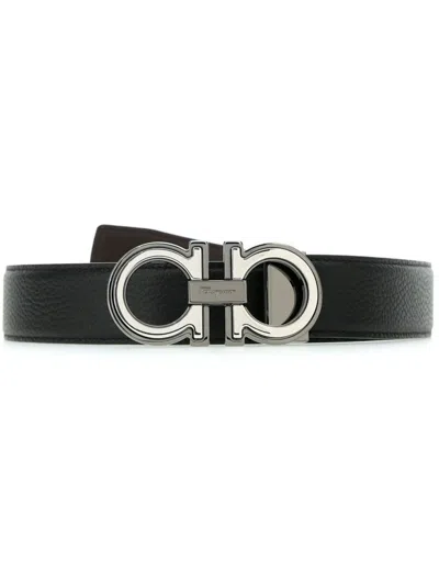 Ferragamo Textured Calf Leather Belt With Interlocking Metallic Buckle In Black