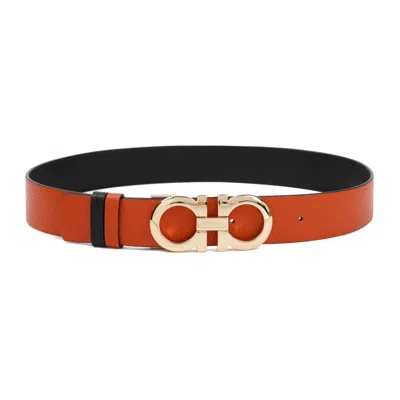 Ferragamo Gancini Leather Belt In Orange And Black In Red