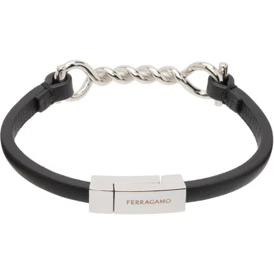 Ferragamo Gancini Leather Bracelet In Black