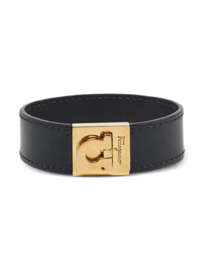 Pre-owned Ferragamo Gancini Leather Bracelet In Black
