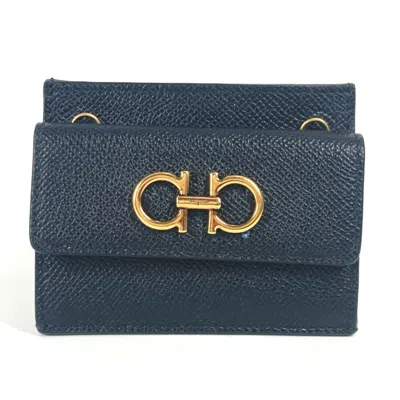 Pre-owned Ferragamo Gancini Leather Business Card Case () In Black