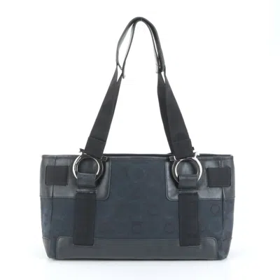 Pre-owned Ferragamo Gancini Leather Canvas Handbag Shoulder Bag () In Black