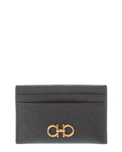 Ferragamo Black Card-holder With Gancini Detail In Hammered Leather Woman