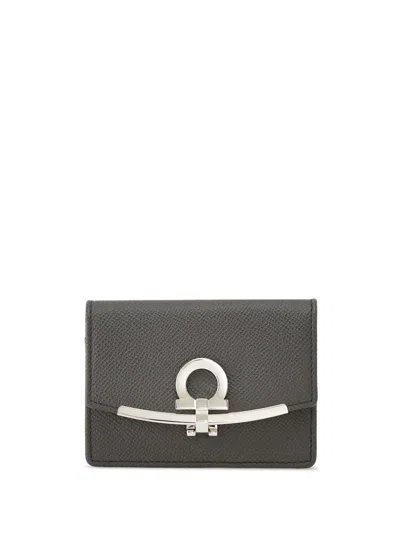 Ferragamo Gancini Leather Card Holder In Grey